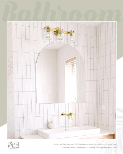 Ken & Ricky 3 Light Brushed Gold Bathroom Vanity Lights Fixtures | Over Mirror,Modern Wall Sconce,E26，Clear Glass Shades For Living Room Bedroom Entryway