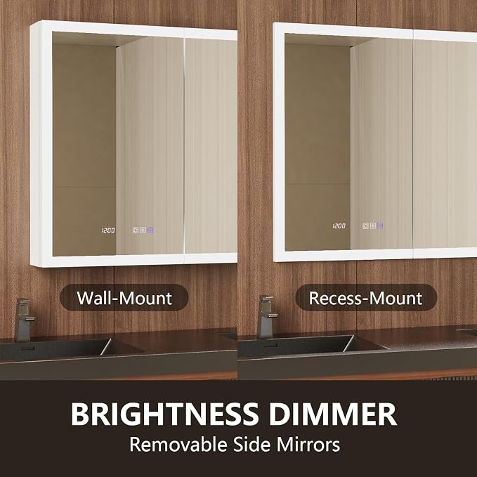 36 in. W Smart Lighted Medicine Cabinet with Mirror for Bathroom, Recessed/Surface Mount Medicine Cabinet with Anti-Fog, 1800W Charging Station, USB Ports, 3 Color Lights