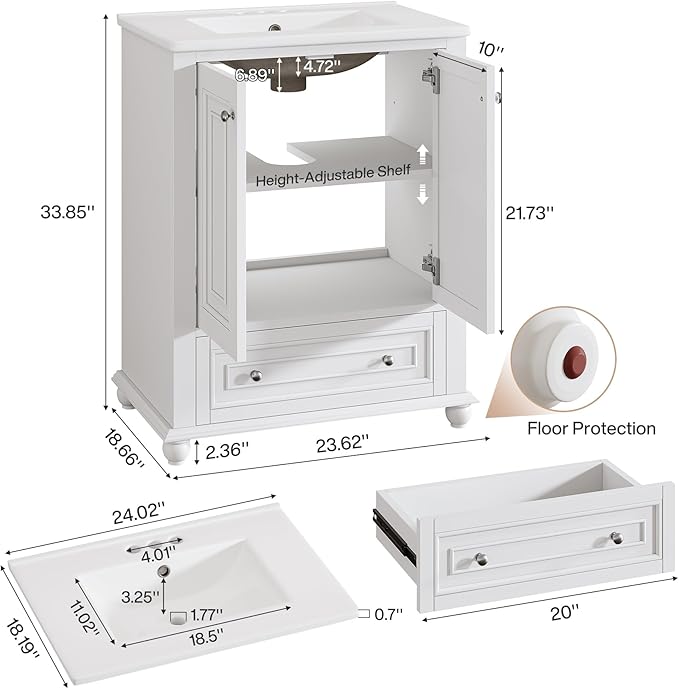 Tribesigns 24" Bathroom Vanity with Ceramic Sink Combo, Freestanding Bathroom Storage Vanity Cabinet with 2 Doors & 1 Drawer, Solid Wooden Frame & Coated Surface, Metal Handle, White
