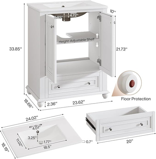 Tribesigns 24" Bathroom Vanity with Ceramic Sink Combo, Freestanding Bathroom Storage Vanity Cabinet with 2 Doors & 1 Drawer, Solid Wooden Frame & Coated Surface, Metal Handle, White