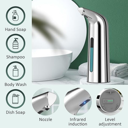 Automatic Liquid Soap Dispenser, 4-Level,Rechargeable | Plastic,13.5oz/400ml Silver Touchless Electric Hand & Dish Countertop Soap Dispensers with Sensor for Bathroom,Kitchen Sink