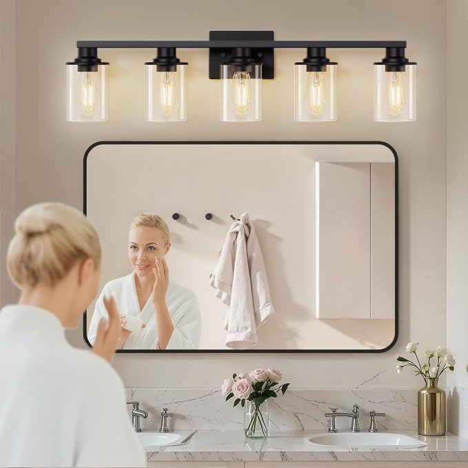 L LOHAS LED 5-Light Bathroom Light Fixtures Over Mirror, Black Bathroom Vanity Lights with Clear Glass Shade, Modern Vanity Lights for Bathroom Living Room Hallway Bedroom | Clear Glass Shades; Modern Light Fixture for Bathrooms, Living Rooms, Hallways...