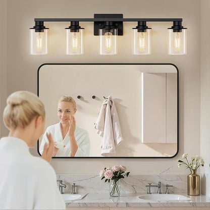 L LOHAS LED 5-Light Bathroom Light Fixtures Over Mirror, Black Bathroom Vanity Lights with Clear Glass Shade, Modern Vanity Lights for Bathroom Living Room Hallway Bedroom | Clear Glass Shades; Modern Light Fixture for Bathrooms, Living Rooms, Hallways...