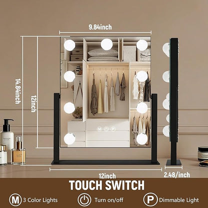 Moonee Black Vanity Mirror with Lights, Hollywood Lighted Makeup Mirror with 9 Dimmable Bulbs and 10X Magnification 360°Rotation, 3 Colors Modes, Light Up Mirror for Tabletop（12" x 14"）