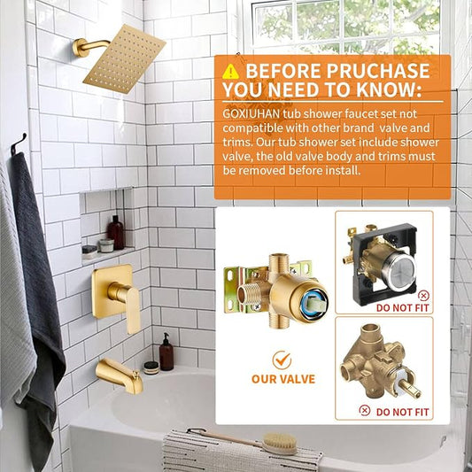 Tub Shower Faucet Set With Head & Spout Gold