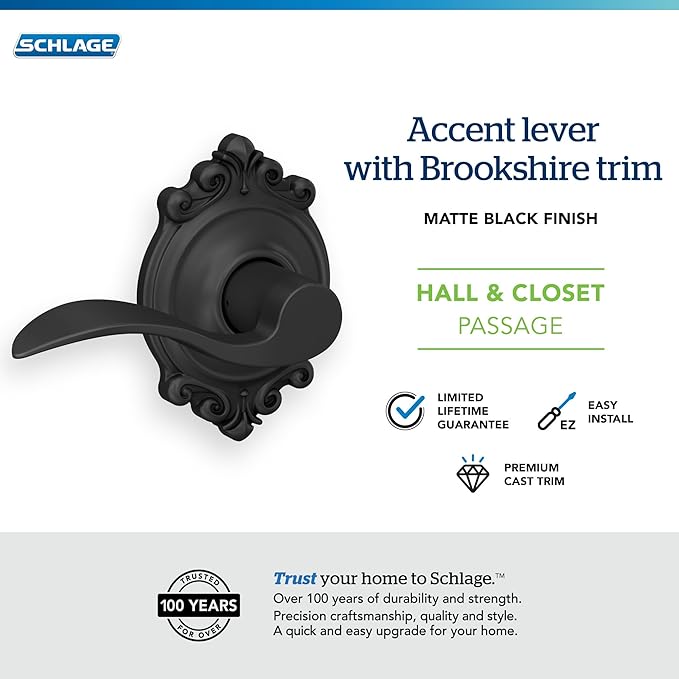 SCHLAGE Trim with SCHLAGE Hall and Closet Lever, Matte Black (F10 ACC 622 BRK)