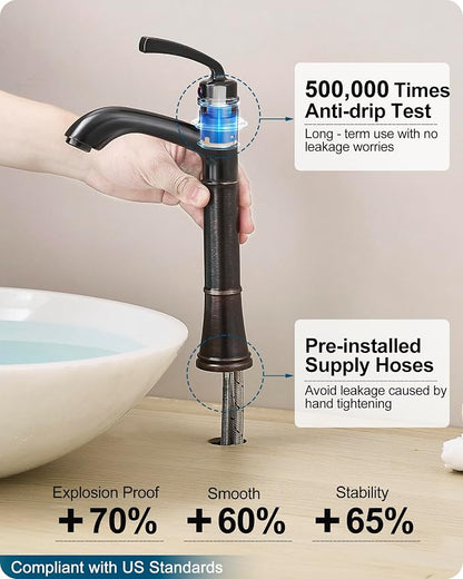 Brass Tall Bathroom Faucet 1 Hole, Oil Rubbed Bronze Bathroom Vessel Sink Faucet Single Handle with Pop-Up Drain & Pre-Installed Hoses, 5 Mins Install