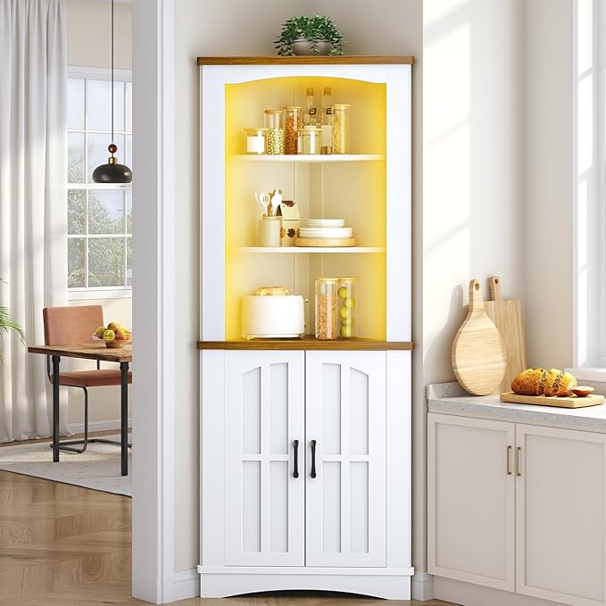 HOOBRO Corner Cabinet with LED Lights, 67" Tall Farmhouse Corner Storage Cabinet with Doors and Storage Shelves, 5-Tier Corner Bathroom Cabinet, for Living Room, Kitchen, White and Walnut WH74DCJ01
