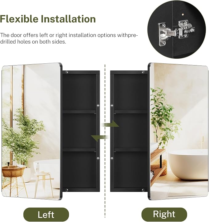 Medicine Cabinet Mirror with 2 Adjustable Shelves, Bathroom Mirror with Storage, Recessed or Wall Mount Bathroom Cabinet, Black UNGGX004H