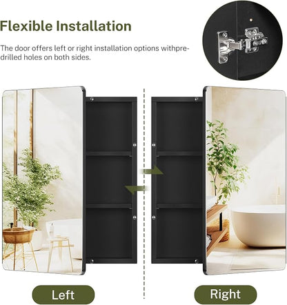 Medicine Cabinet Mirror with 2 Adjustable Shelves, Bathroom Mirror with Storage, Recessed or Wall Mount Bathroom Cabinet, Black UNGGX004H