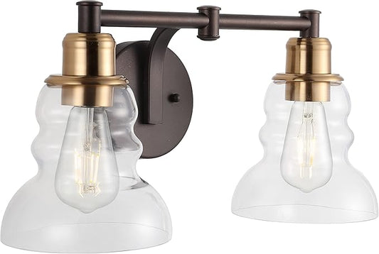 JONATHAN Y 18.5" Brass Gold/Oil Rubbed Bronze Modern Industrial Rustic 2-Light LED Vanity Light with Clear Glass Shade, Vintage Wall Sconce for Bathroom Kitchen Hallway, LED Bulb Included (JYL3545A)