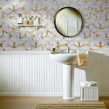 DICOFUN 10-Sheet White Marble Look Triangle Mosaic Tiles Peel and Stick Backsplash for Kitchen, PVC Mixed Metal Gold Chevron Stick on Backsplash Wall Tiles