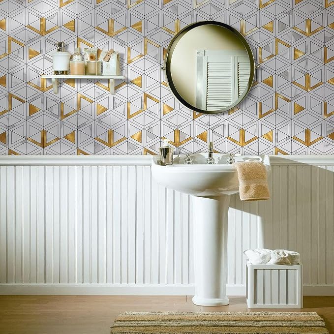DICOFUN 20-Sheet White Marble Look Triangle Mosaic Tiles Peel and Stick Backsplash for Kitchen, PVC Mixed Metal Gold Chevron Stick on Backsplash Wall Tiles