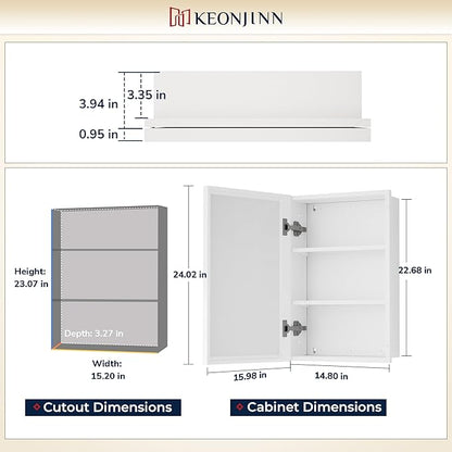 Keonjinn 16" x 24" White Medicine Cabinets for Bathroom with Mirror, Recessed or Surface Wall-Mounted Aluminum Alloy Framed Beveled Mirror, Single Door Farmhouse Bathroom Mirror with Storage Cabinet