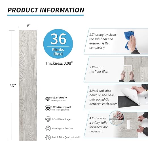 Art3d 36-Pack Wood Texture Peel and Stick Vinyl Flooring Tiles, Grey Ash | 18 & 54 sq.ft Options, Rigid Surface Hard Core, Waterproof, Self-Adhesive, Impact Resistant, Fit Indoor Household Spaces