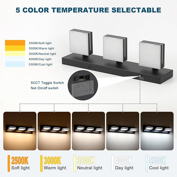 Joossnwell Black Vanity Lights for Bathroom Dimmable 5CCT (3-Light, 19.69-Inch) Modern Bathroom Light Fixtures Over Mirror Led Bath Vanity Lighting