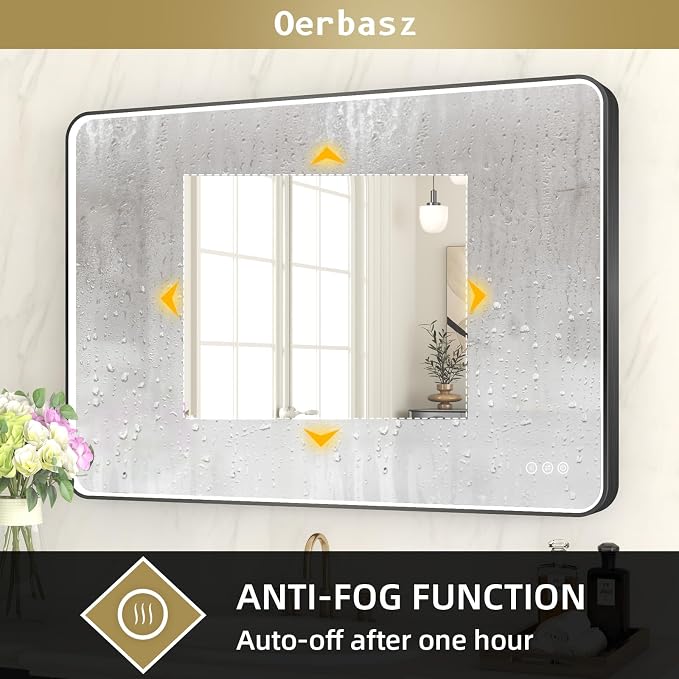 LED Mirror for Bathroom 40X28 Inch Black Framed with Anti-Fog, Stepless Dimmable, Front Lit, LED Bathroom Vanity Mirror for Wall, Memory Function, Shatter-Proof