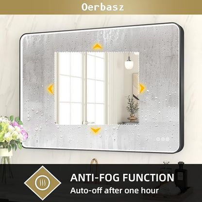 LED Mirror for Bathroom 40X28 Inch Black Framed with Anti-Fog, Stepless Dimmable, Front Lit, LED Bathroom Vanity Mirror for Wall, Memory Function, Shatter-Proof