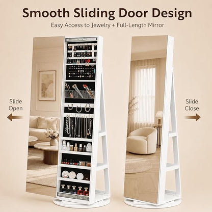 Bonnlo 360° Swivel Jewelry Cabinet with Sliding Door, Standing Jewelry Organizer Box with Full-Length Mirror, Rotating Jewelry Armoire with Large Storage Capacity, Rear Shelves for Bedroom
