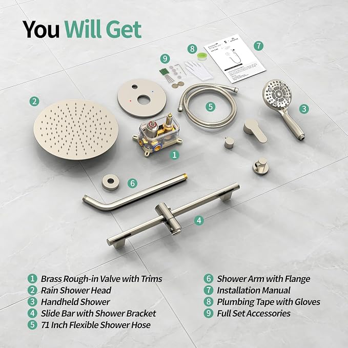 SR SUN RISE 10 Inch Rain Shower System, High Pressure Shower Heads and Handheld 6-Spray Combo Set Slide Bar Shower Faucets Sets Complete Included Valve and Trim Kit for Bathroom, Brushed Nickel