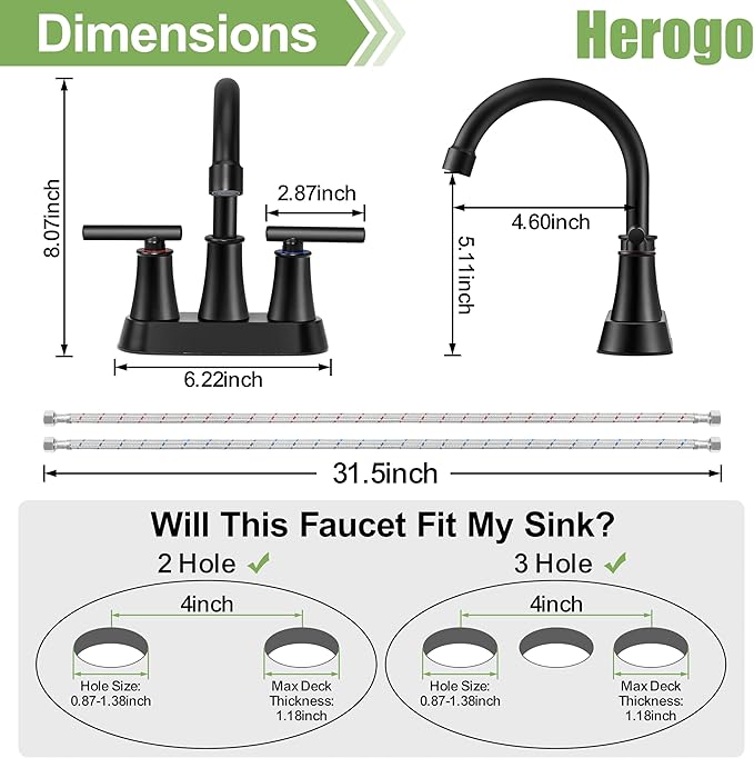 Herogo Matte Black Bathroom Sink Faucet for 3 Holes, 4 Inch Centerset Bathroom Faucet 2-Handle with Pop-Up Drain & Supply Hoses, 18/10 Stainless Steel, for RV Vanity Lavatory