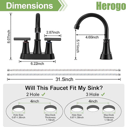 Herogo Matte Black Bathroom Sink Faucet for 3 Holes, 4 Inch Centerset Bathroom Faucet 2-Handle with Pop-Up Drain & Supply Hoses, 18/10 Stainless Steel, for RV Vanity Lavatory