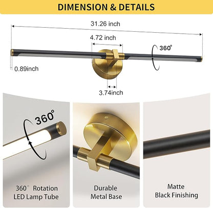 31" Modern Bathroom Vanity Light, Black and Gold Bathroom Light Fixture | Upgraded Bright 18W, 4000K, 360° Rotatable, CRI 90+, Brushed Gold Vanity Lights, LED Bathroom Lighting Fixtures over Mirror