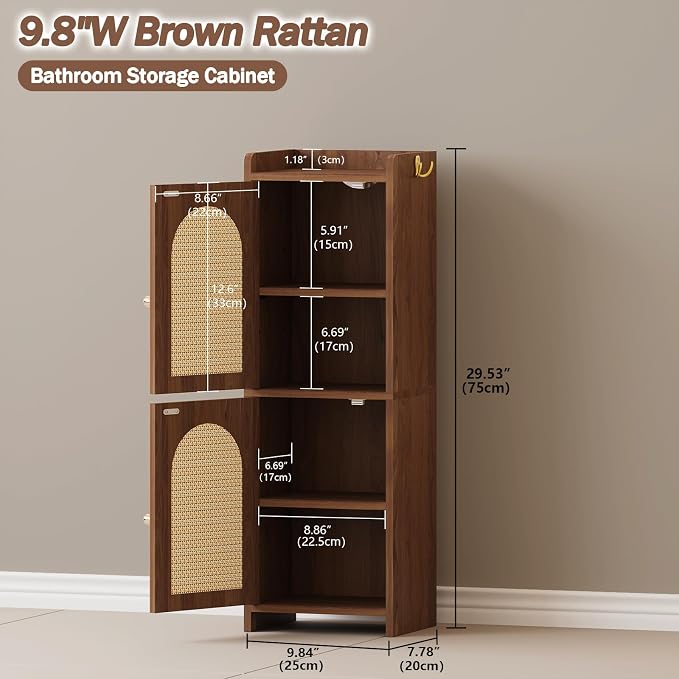 Arbuxzuy Rattan Bathroom Storage Cabinet with 2 Doors and Adjustable Shelf | Brown Corner Floor Cabinet, Narrow Toilet Paper Cabinets with 2Hooks,Toilet Organizer for Small Spaces, 7.87"D*9.84"W*29.72"H