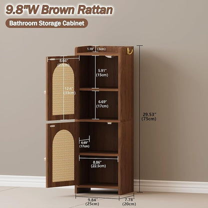 Arbuxzuy Rattan Bathroom Storage Cabinet with 2 Doors and Adjustable Shelf | Brown Corner Floor Cabinet, Narrow Toilet Paper Cabinets with 2Hooks,Toilet Organizer for Small Spaces, 7.87"D*9.84"W*29.72"H