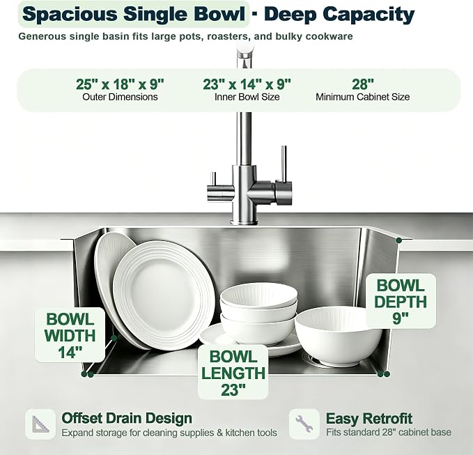 25x18 Inch Kitchen Sink, 304 Stainless Steel Drop in Sink | Right Offset Drain, 9" Deep Single Bowl Kitchen Sinks, Brushed(Inclued Bottom Grid & Drain Strainer )