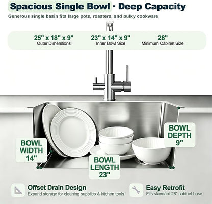 25x18 Inch Kitchen Sink, 304 Stainless Steel Drop in Sink | Right Offset Drain, 9" Deep Single Bowl Kitchen Sinks, Brushed(Inclued Bottom Grid & Drain Strainer )