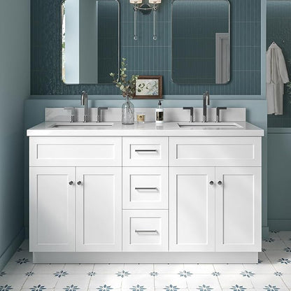 ARIEL Hamlet 60-inch Bathroom Vanity with Sink,Solid Wood, 1.5-inch Pure White Quartz Countertop & Backsplash, Double Rectangular Porcelain Sink, 4 Soft Closing Doors, 3 Dovetail Drawers, White