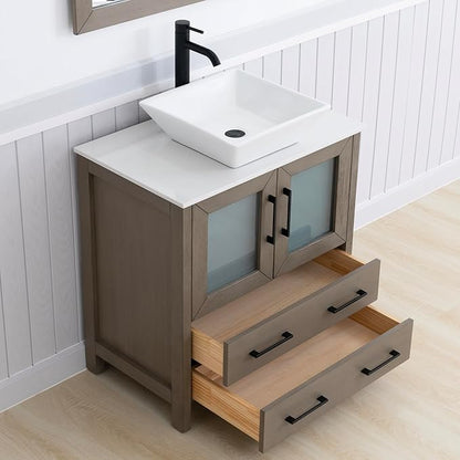 Vanity Art 30 Inch Vessel Single Sink Bathroom Vanity Cabinet with 1 Mirror, Engineered Marble Top Bathroom Cabinet Compact Set with 2 Dovetail Drawers and Soft Closing Doors, VA3130-DG