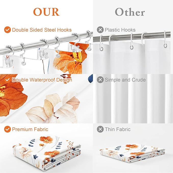 Extra Long 3 in 1 Shower Curtain Set, Orange Navy Watercolor Floral Bath Curtain and PEVA Liner Set with 12 Double Sided Steel Hooks, Waterproof Fabric Bathroom Curtain 72x84