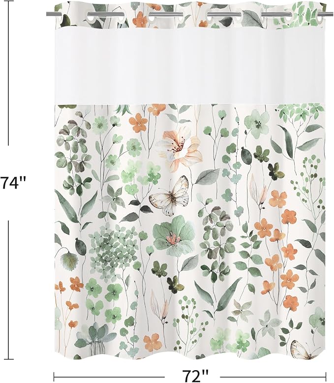 No Hook Sage Green Watercolor Floral Shower Curtain and Liner Set, 72x74 | Spring Flower Shower Curtains with Snap-in Liner for Farmhouse Bathroom Decor, Botanical Bathroom Curtain with Leaves