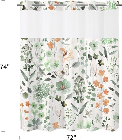 No Hook Sage Green Watercolor Floral Shower Curtain and Liner Set, 72x74 | Spring Flower Shower Curtains with Snap-in Liner for Farmhouse Bathroom Decor, Botanical Bathroom Curtain with Leaves