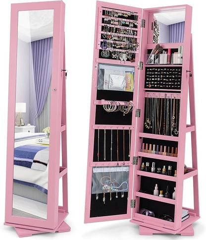 360° Rotating Jewelry Armoire, Freestanding Jewelry Cabinet with Inside Makeup Mirror, 2-in-1 Lockable Jewelry Organizer w/Full-Length Mirror for Women (Pink)