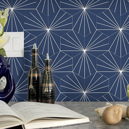 AULIGET Flower Vintage Hexagon Tile Peel and Stick Backsplash, 6"x7" Self Adhesive Wall Tiles in Blue (Pack of 45)