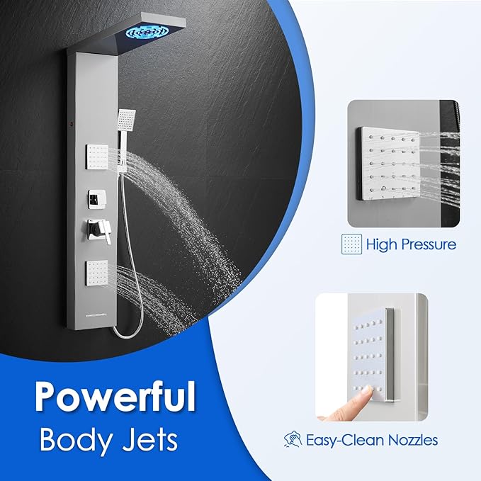ROVOGO Shower Panel Tower System with Led Lights, 2-Setting Shower Head, Body Jets, Handheld and Tub Spout, Stainless Steel Shower Column with Mixer Valve, 46.5", Brushed