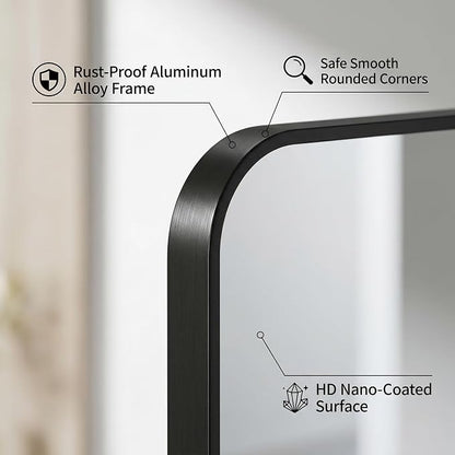 Koonmi Bathroom Mirror, 30X30 Inch Black Metal Framed Mirror for Bathroom, Tempered Glass, Anti-Rust, Rounded Rectangle Mirror for Restroom, Bedroom, Black