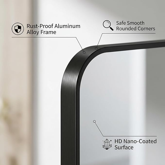 Koonmi Bathroom Mirror, 30X50 Brushed Black Rectangle Wall Mirror, HD Tempered Glass, Anti-Rust Frame Vanity Mirror, Rounded Rectangle Mirror for Restroom, Bedroom, Hangs Horizontal or Vertical