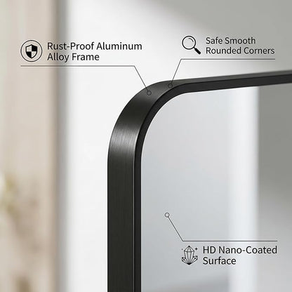 Koonmi Bathroom Mirror, 36X40 Brushed Black Rectangle Wall Mirror, HD Tempered Glass, Anti-Rust Frame Vanity Mirror, Rounded Rectangle Mirror for Restroom, Bedroom, Hangs Horizontal or Vertical