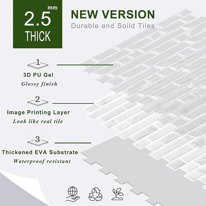 STICKGOO Thicker Peel and Stick Backsplash Tile for Kitchen and Bathroom | 10 Sheets of 12”×12” - 3D Vinyl Self Adhesive Wall Tiles Stick on Backsplash for Kitchen & Bathroom(White Marble)