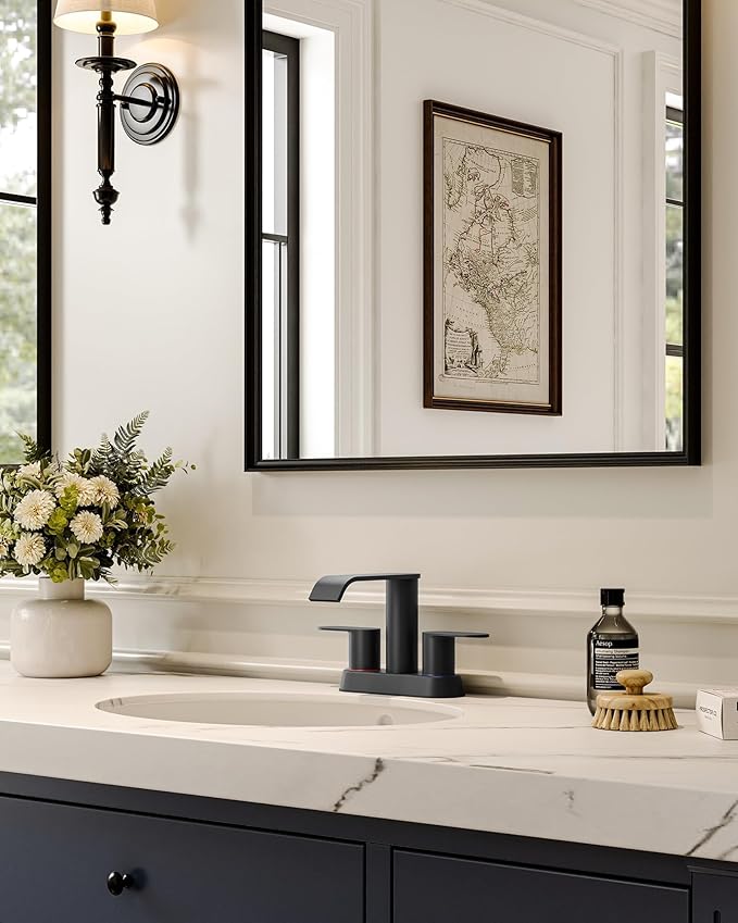 Matte Black Bathroom Faucet Waterfall 4 Inch Centerset Bathroom Sink Faucet | Stainless Steel with Pop up Sink Drain Stopper Supply Hose Basin Mixer Tap for Vanity RV 2 or 3 Hole Sink by Homevacious