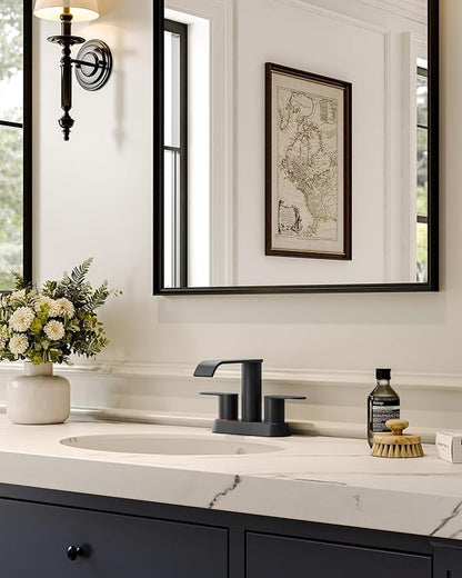Matte Black Bathroom Faucet Waterfall 4 Inch Centerset Bathroom Sink Faucet | Stainless Steel with Pop up Sink Drain Stopper Supply Hose Basin Mixer Tap for Vanity RV 2 or 3 Hole Sink by Homevacious