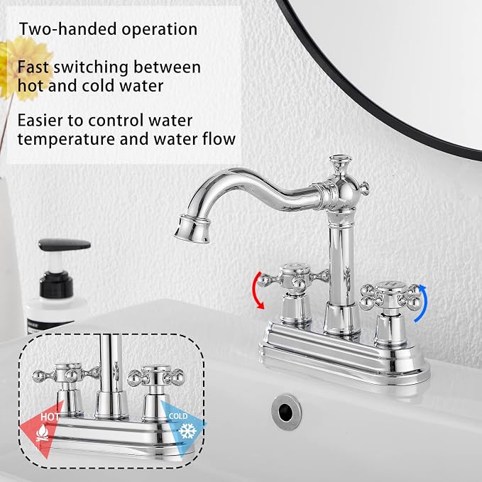 Chrome Bathroom Faucet GGStudy 2 Handles 4 Inches Centerset Bathroom Vanity with Drain Assembly and Supply Hose Lavatory Faucet Mixer Double Handle Tap
