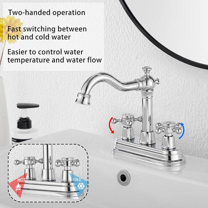 Chrome Bathroom Faucet GGStudy 2 Handles 4 Inches Centerset Bathroom Vanity with Drain Assembly and Supply Hose Lavatory Faucet Mixer Double Handle Tap