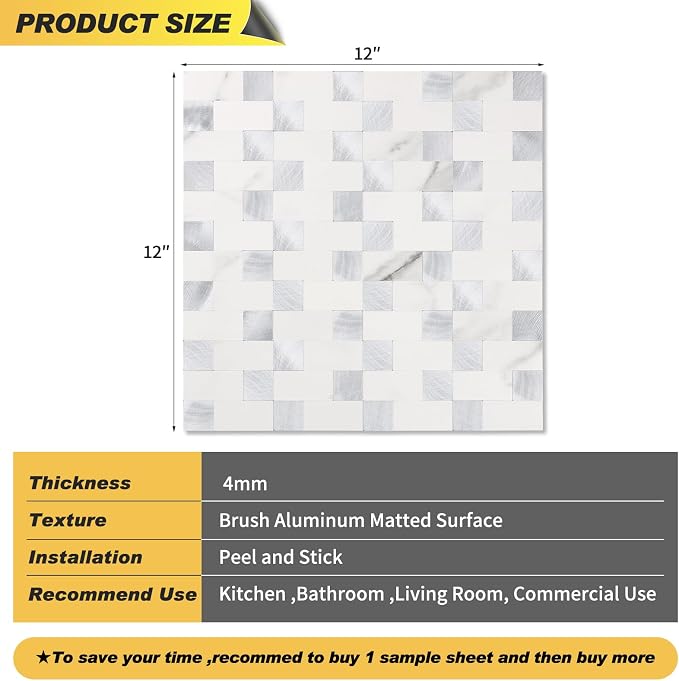 Yipscazo Peel and Stick Backsplash Tile, Stick on Stainless Steel Backsplash Metal Tiles for Kitchen Walls in Marble White Mixed Metal (12''x12'',20 Sheets)