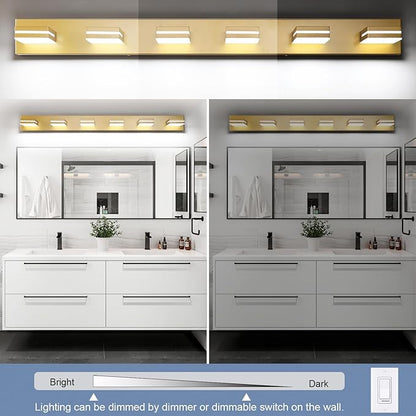 SineRise LED Modern Bathroom Vanity Light Fixtures (6-Light, 48-Inch, Dimmable), Matte Gold Modern Acrylic Bathroom Wall Lighting Fixtures Over Mirror (Cool White 6000K)
