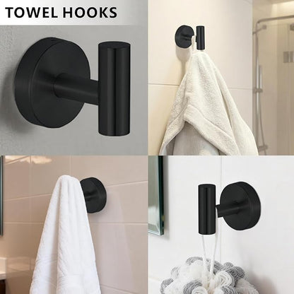 Bathroom Hardware Set Includes Towel Ring, Toilet Paper Holder and 2 Towel Hooks, SUS304 Stainless Steel Modern Wall-Mounted Bathroom Set, Rustproof Bathroom Fitting Set (Black)